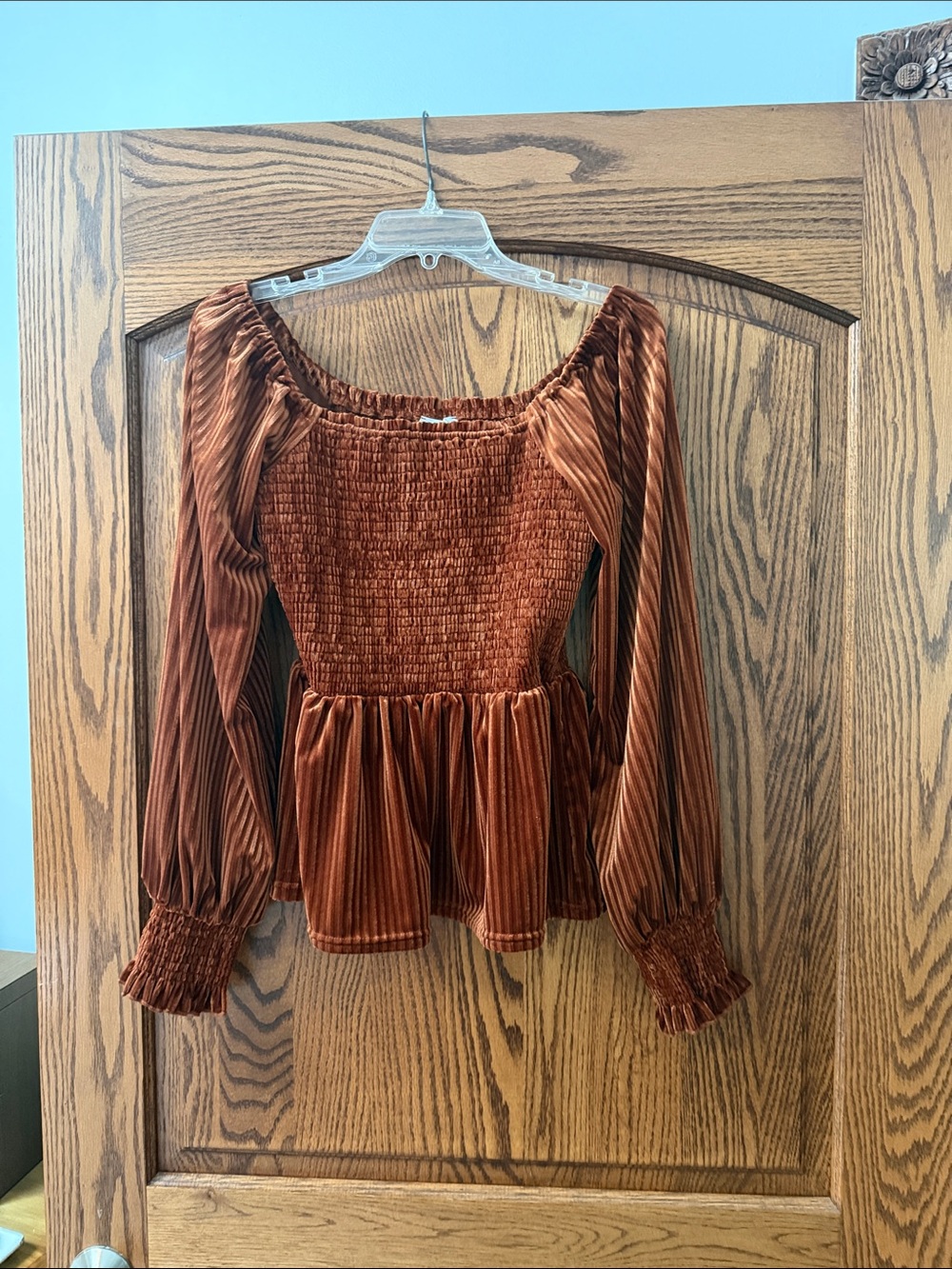 Women’s Rust Velvet Smocked Peplum Top